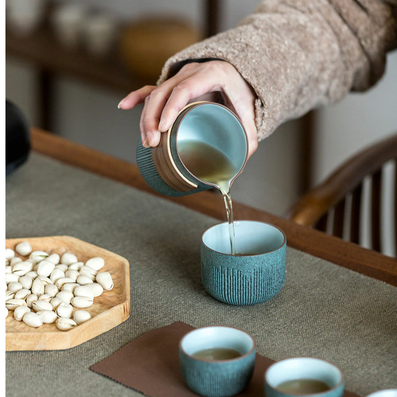 Ceramic Travel Portable Tea set  | Bluestone Glaze Striped Quick Guest Cup  |  Four Cups Ceramic  |  Travel Portable Tea Set Outdoor