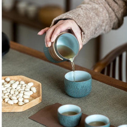 Service à thé portable de voyage en céramique | Tasse d'invité rapide rayée Bluestone Glaze | Quatre tasses en céramique | Service à thé portable de voyage en plein air
