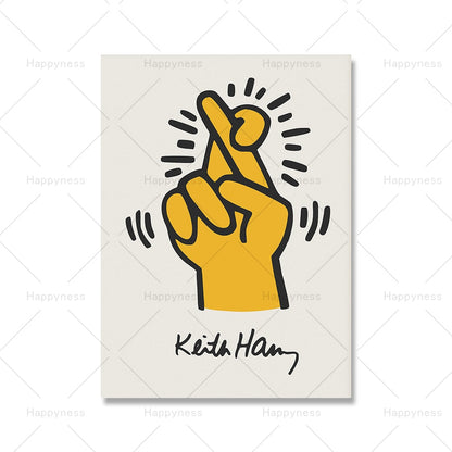 Keith imprime amarelo colorido pop art ding de impressão de dedo flores de dança de dedo pintura de tela abstrata imagem de parede para a cama decoração