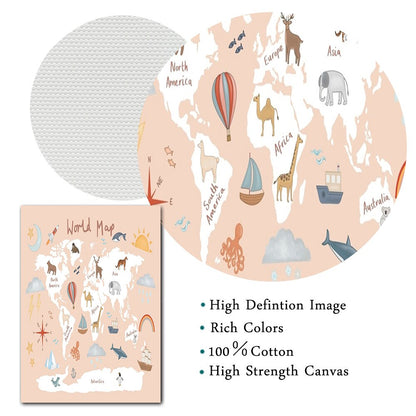 Pohjoismainen hauska vaaleanpunainen maailmankartta kangas maalaus lastentarhajuliste ja painetut sarjakuva vesivärit seinätaiteet lapsille makuuhuoneen sisustus