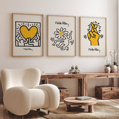 Keith estampados de color amarillo Pop art estampados Impresión de dedo Dinger Dancing Flowers Pintura de lienzo Imagen de pared abstracta para decoración de la sala de cama