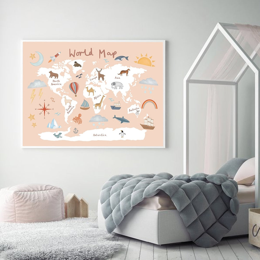 北欧の面白いピンクの世界地図キャンバス絵画保育園のポスターと印刷漫画水彩壁アート写真子供の寝室の装飾