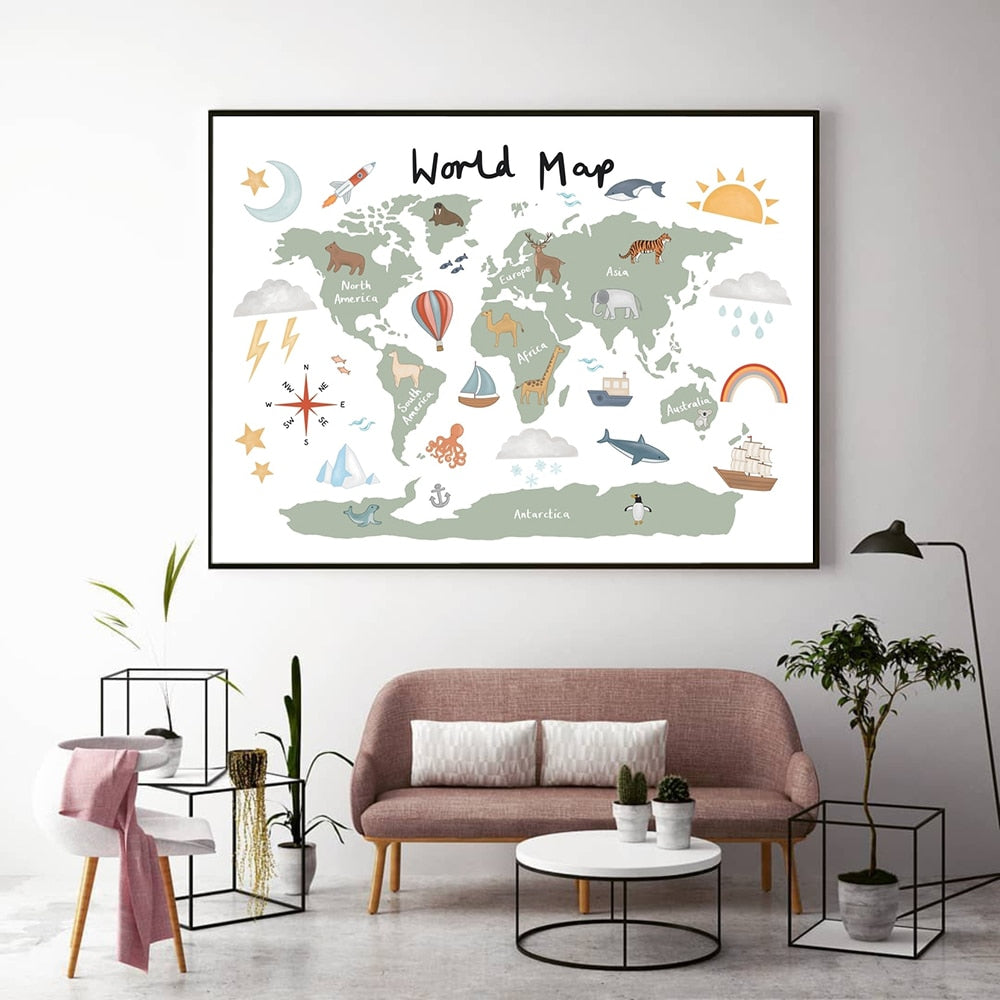 الشمال مضحك الوردي خريطة العالم قماش اللوحة الحضانة المشارك وطباعة الكرتون المائية صور فنية للجدران للأطفال ديكور غرفة نوم