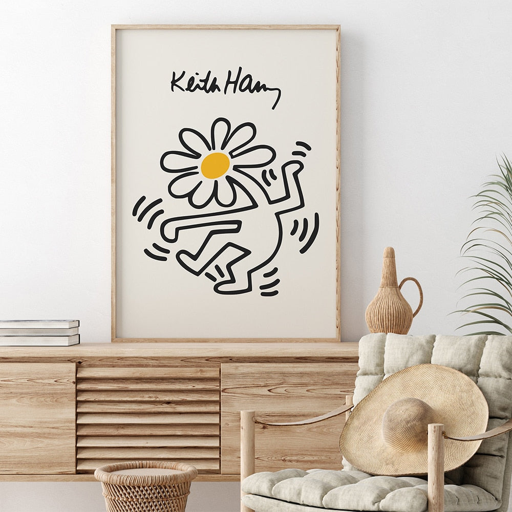Keith druckt gelbe Farbe Pop-Art-Druck Poster Finger tanzende Blumen Leinwand Malerei abstrakte Wand Bild für Schlafzimmer Dekor 