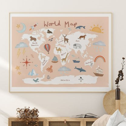 北欧の面白いピンクの世界地図キャンバス絵画保育園のポスターと印刷漫画水彩壁アート写真子供の寝室の装飾