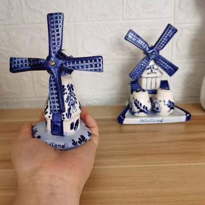 Moulin à vent bleu rétro méditerranéen peint à la main, ensemble de pots d'assaisonnement en céramique, décoration de maison, décoration de cuisine, cadeau de pendaison de crémaillère 