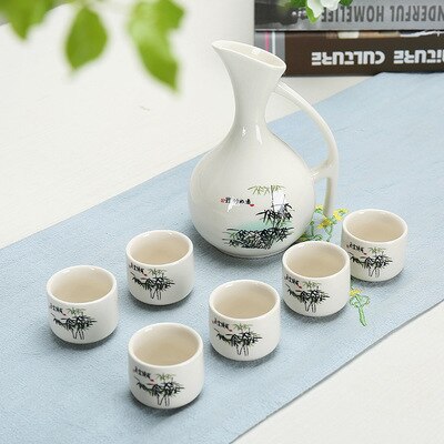 Juego de vinos de cerámica estilo japonés Bambú azul y blanco 1 olla 6 tazas de decoración de barra de bebidas blancas suministros de cocina para el hogar
