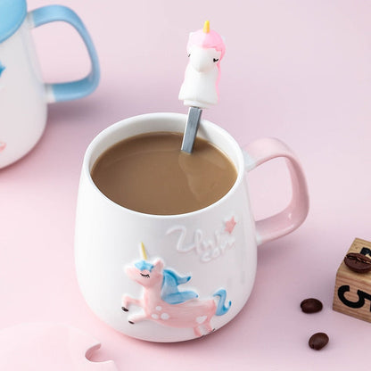 Søt enhjørning kaffekrus med lokk og skje til frokost melk te drikking keramisk tea kopp gave til jenter rosa 350 ml