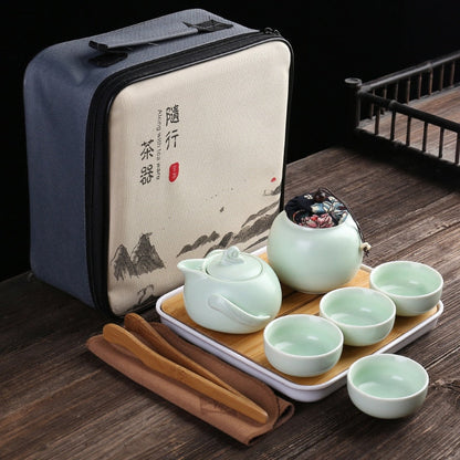 Portabel keramik porselen bepergian kung fu teh set teh teh pot dan cangkir tas teh caddy penyimpanan tas satu teko empat cangkir teh