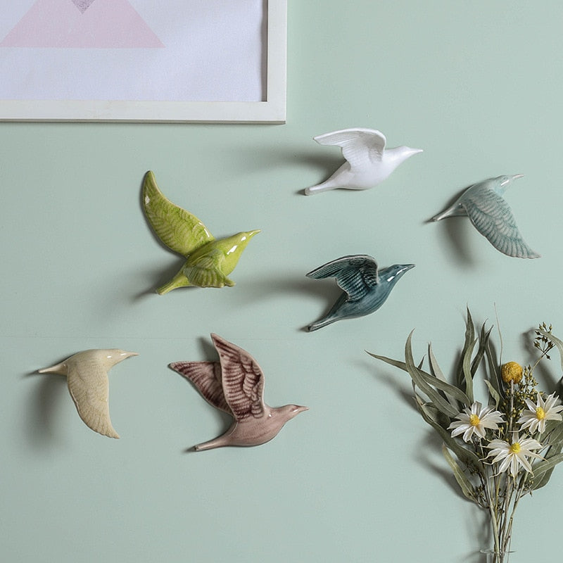 Décorations murales suspendues en forme d'oiseaux en céramique 3D, accessoires de décoration simples pour la maison, ornements artisanaux muraux 