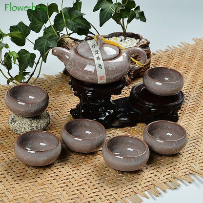 Seramik porselin kung fu teh set cawan teh cawan teh set 6 periuk teh dan cawan set tanah liat ungu berwarna -warni ais retak teh set teh