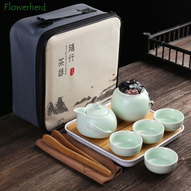 Service à thé Kung Fu Portable en céramique et porcelaine, service à thé de voyage, service à thé et tasses, caddie à thé, sac de rangement, une théière, quatre tasses à thé