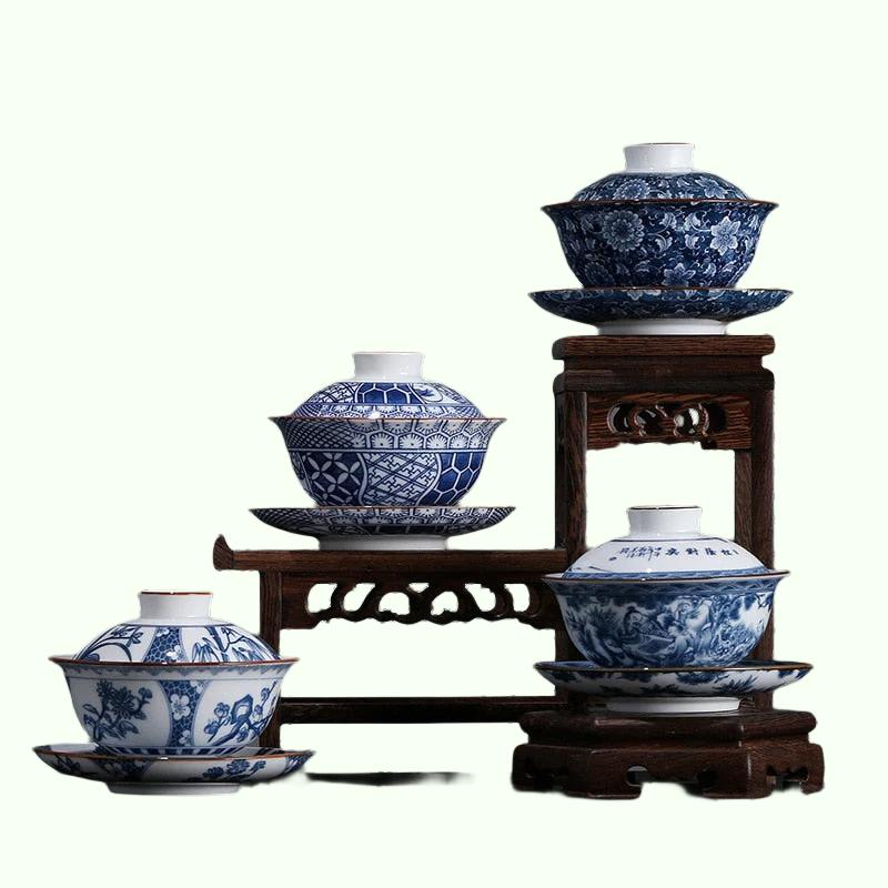 Porcelana azul y blanca Gaiwán Tea Cupp Kung Fu Té Cercelana blanca Tureen Gaiwán Juegos de té pintados