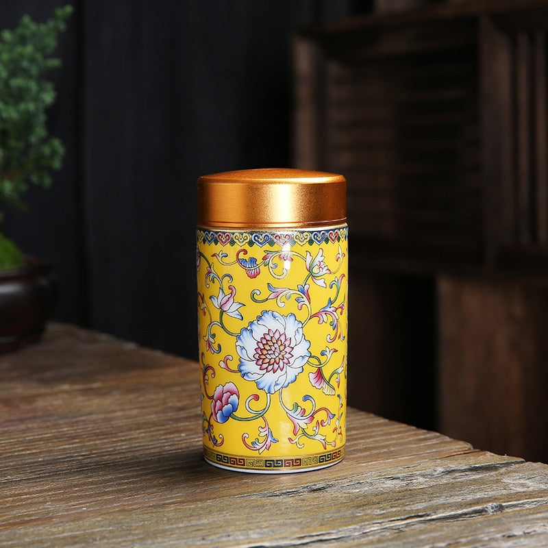 Ceramic Jar with Metal Lid Tea Can Sealed Cans Small Storage Tank Portable Tea Caddy Tea Box Candy Jar Tea Organizer Storage Box