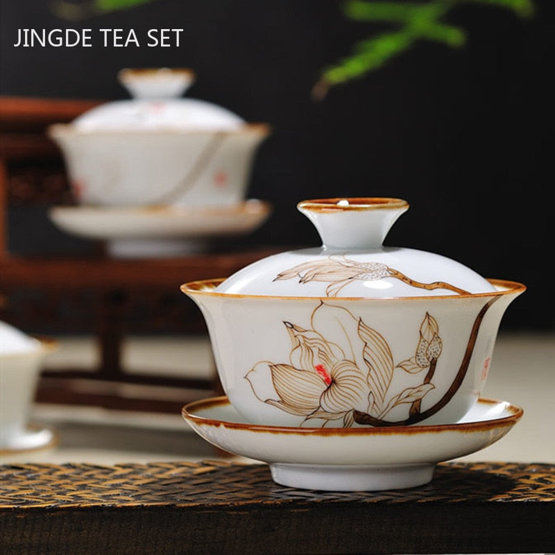 Tasse à thé Gaiwan en céramique à motif de fleurs rétro peinte à la main, bol de soupière à thé fait à la main, service à thé en porcelaine chinoise, verres à boissons 120ml