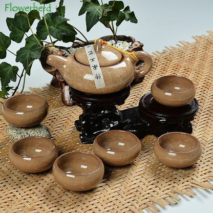Porselen keramik kung fu teh set teh teh cangkir set 6 teh dan cangkir ungu tanah liat es warna -warni retak glasir teh set