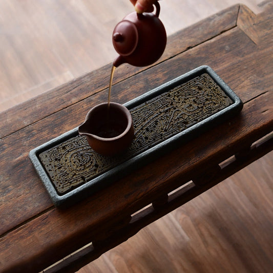 Bandeja de té Placa de piedra natural Decoración de patrón de dragón Mesa de casa china Accesorios de oficina rectangular Antigüedades Kungfu Téware