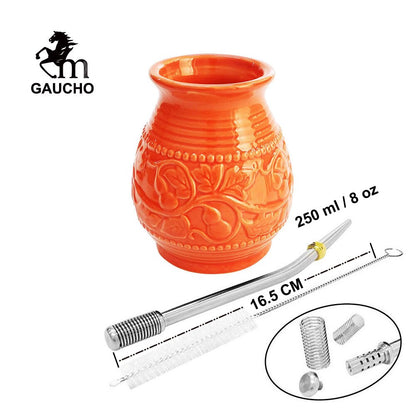 1 PC/Lot Yerba Mate Cups Ceramic Gourds 250 ML Emboss Calabash Pattern Include Bombilla Filter Straw  Cleaning Brush