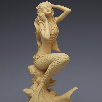 Elle oyulmuş ahşap deniz kızı heykeli ， Modern sanat heykeli, sevimli ev dekorasyon aksesuarları, masif ahşap figürinler