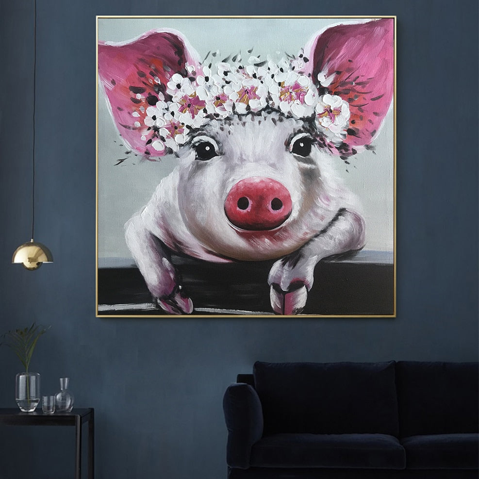 Mintura, ręcznie malowany nowoczesny obraz olejny z kreskówek na płótnie, świnka nosząca szklanki ścienne do salonu dekoracja domowa