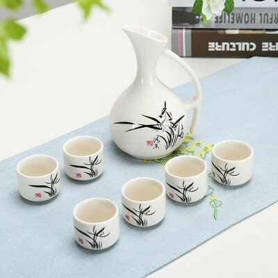 Ceramic Wine Set Japanese Style Blue and White Bamboo 1 Pot 6 Cups White Drinkware Bar Decoration Household Kitchen Supplies