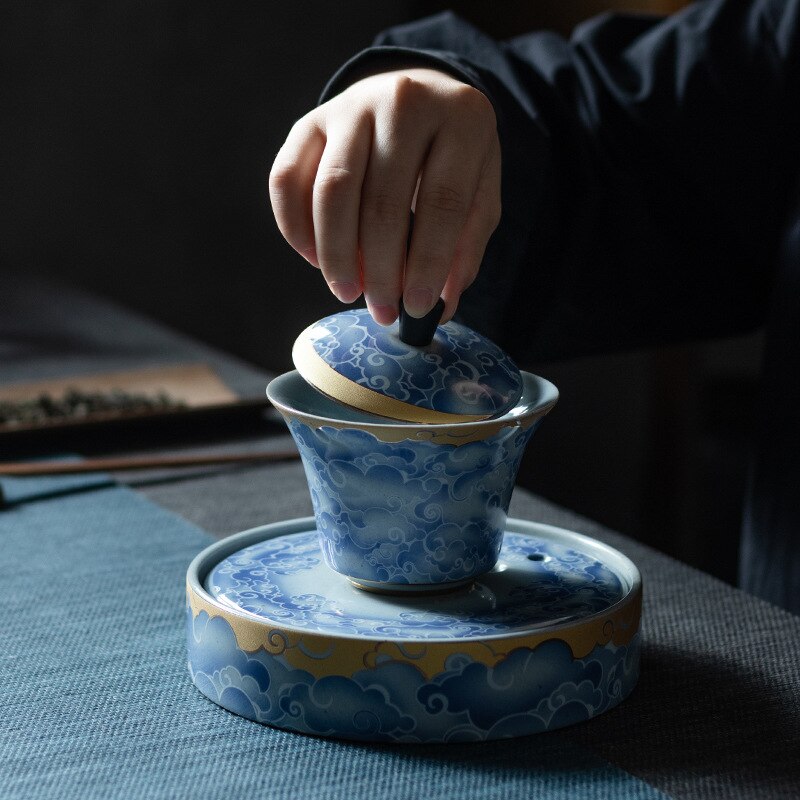 Qingyun القمر غطاء السلطانية اليدوية فرن خبز الملونة السيراميك ثلاثة القوة غطاء السلطانية المنزلية الكونغ فو فنجان شاي Gaiwan طقم شاي