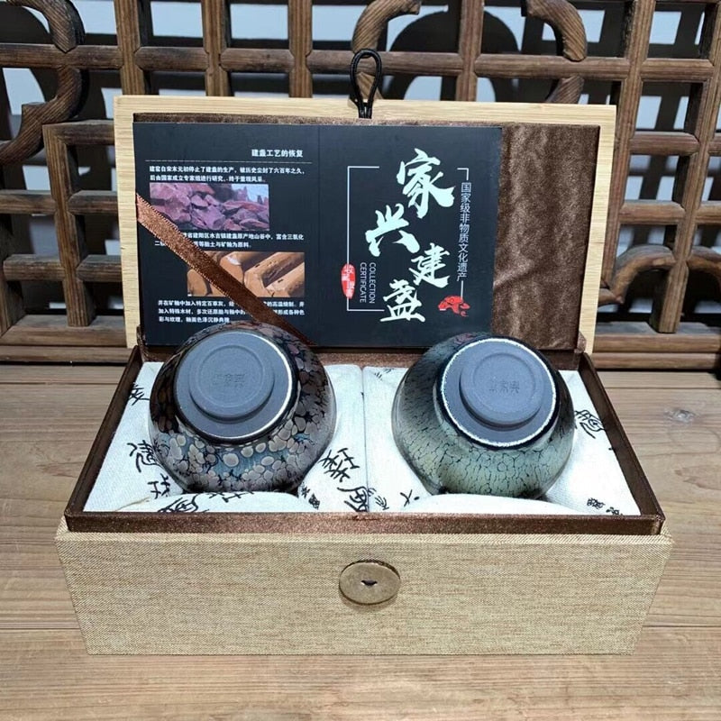 Jianzhan – coffret cadeau 2 pièces/ensemble, belles tasses à thé Tenmoku, bol à thé en porcelaine de Chine, résistant à la chaleur, cuit au four, respectueux de l'environnement