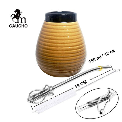 1 PC/Lot Yerba Mate Gourds Emboss Stripe Ceramic Calabash Cups With Bombilla Filter Straw And Cleaning Brush