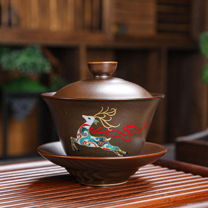 Retro Ceramic Gaiwan Wood-fired Ancient Pottery Tea Bowl Pipa Deer Pattern Tea Cup Kungfu Teaware Kitchen Drinking Tool 190ml