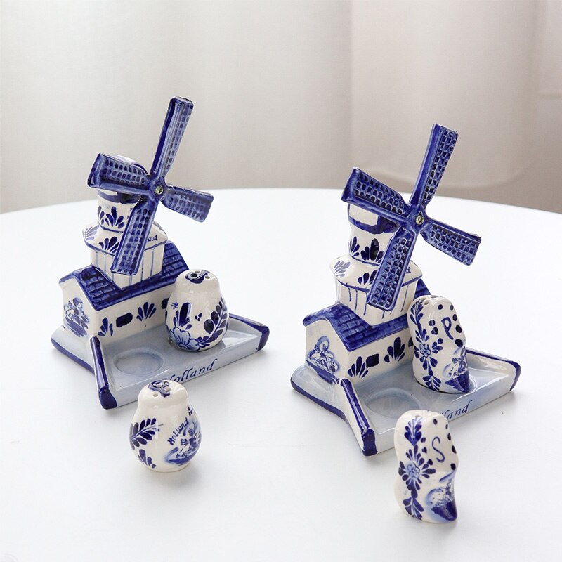 Moulin à vent bleu rétro méditerranéen peint à la main, ensemble de pots d'assaisonnement en céramique, décoration de maison, décoration de cuisine, cadeau de pendaison de crémaillère 