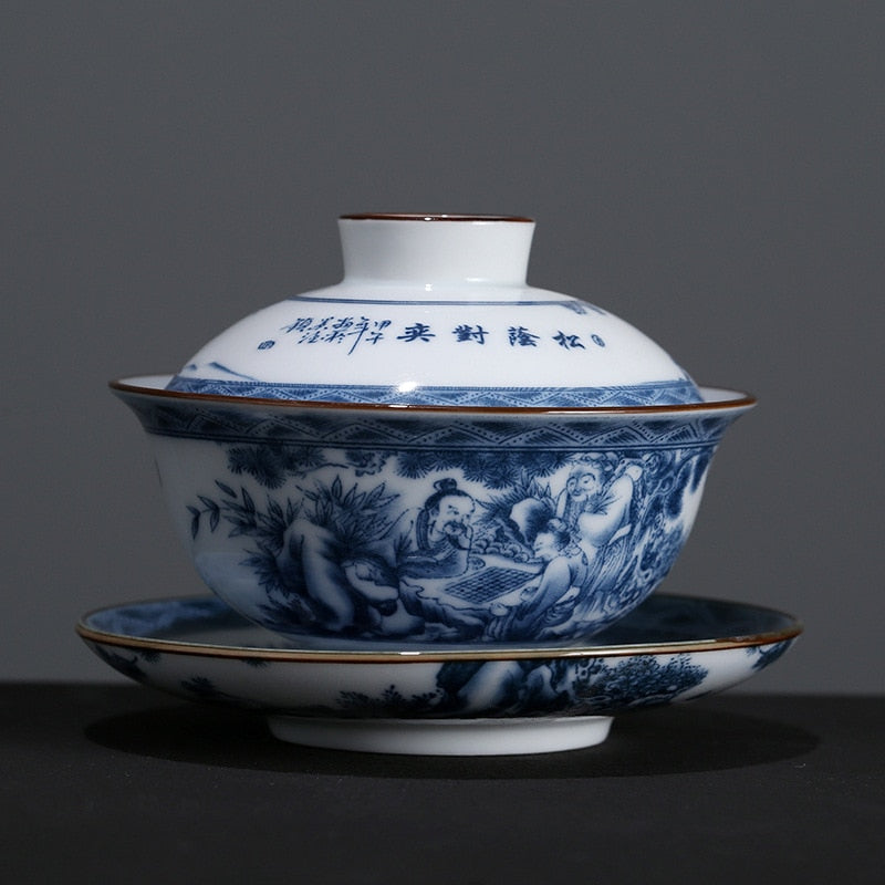 Porselen Biru dan Putih Gaiwan Teh Teacup Kung Fu Teh Keramik Porselen Putih Tureen Gaiwan Set Teh Teh Tiongkok