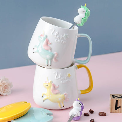 Cangkir kopi unicorn lucu dengan tutup dan sendok untuk sarapan susu teh minum cangkir teh keramik hadiah untuk gadis pink 350ml
