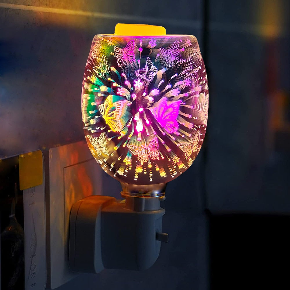 Chauffe-cire en verre 3D – Brûleurs à huile électriques à prise papillon avec plat en verre sur le dessus pour fondants à tarte et ampoule de rechange 