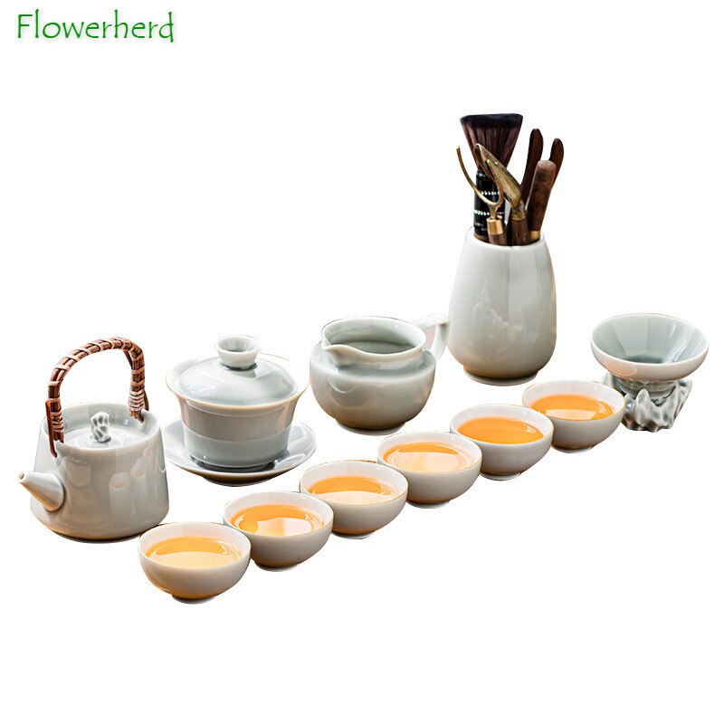 Ice Grey Glaze Kung Fu Tea Set Home Office Ceramic Teapot Handle Tea Cup Tea Tray Plant Grey Tea Pot and Cup Set Luxury Tea Set