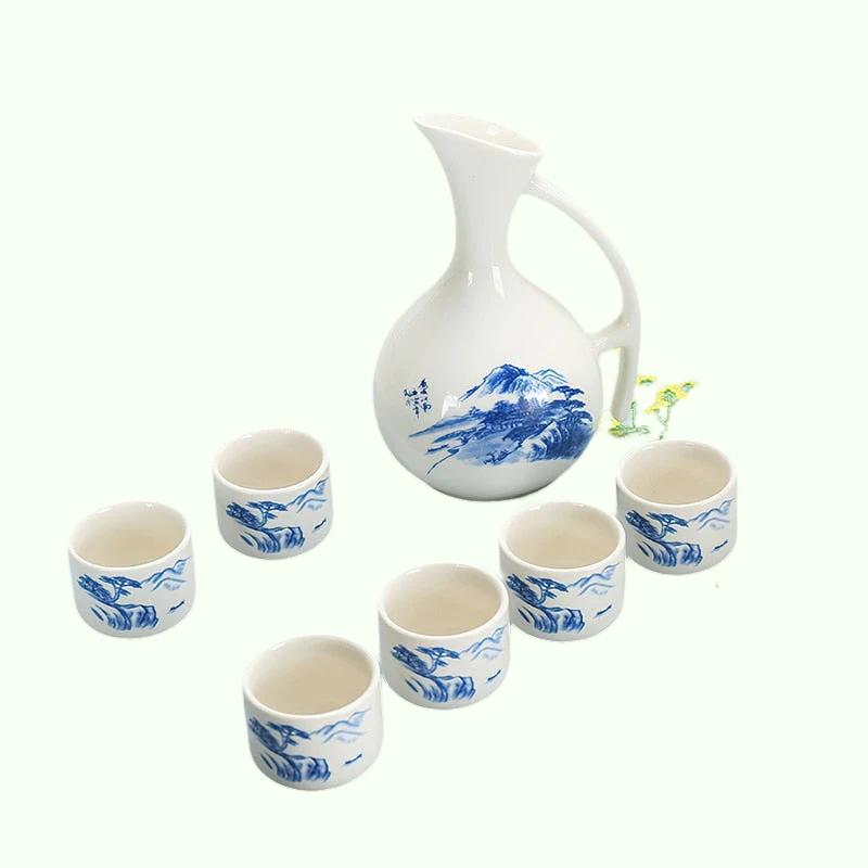 Service à vin en céramique de Style japonais, en bambou bleu et blanc, 1 Pot, 6 tasses, verres blancs, décoration de Bar, fournitures de cuisine ménagères