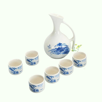 Vinho de cerâmica conjunto de estilo japonês azul e branco bambu 1 panela 6 xícaras de drinques brancos decoração de barro doméstico de cozinha de cozinha