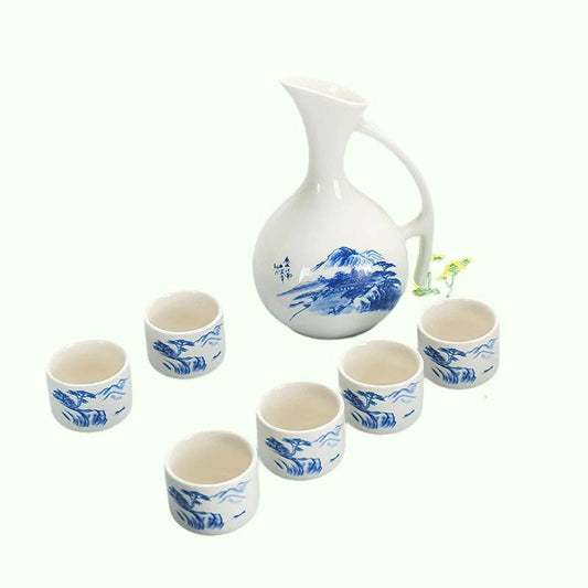 Juego de vinos de cerámica estilo japonés Bambú azul y blanco 1 olla 6 tazas de decoración de barra de bebidas blancas suministros de cocina para el hogar