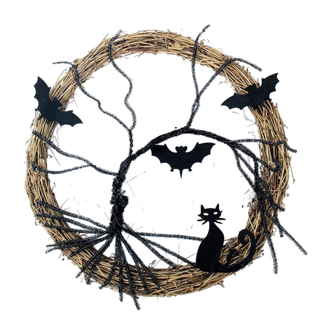 Halloween Wreath Light Up Accessorie Ornaments Black Bat Bat Cat Spooky Party Wreath Dengan Garland Cahaya Cahaya Untuk Dinding Pintu Depan