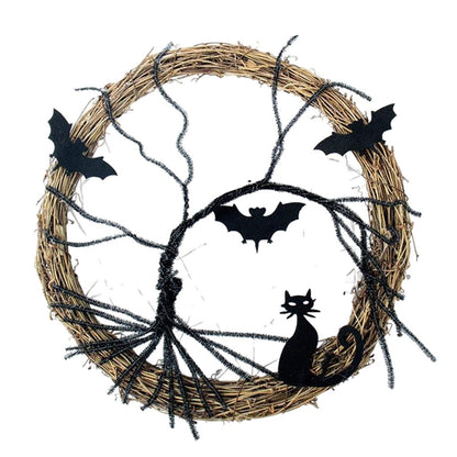 Halloween-Kranz, leuchtendes Zubehör, Ornamente, schwarze Fledermaus, Katze, gruseliger Partykranz mit hell leuchtender Girlande für die Haustürwand 