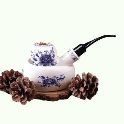 Klasik Blue dan White Pottery Antique Ceramic Pipe Keramik Tanah Lempung Tiongkok Pipa Bent Bent Smoking Pipe Kotak Hadiah Double-Layer Untuk Pria