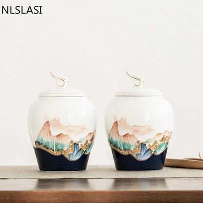 Handmålad förseglad keramik tecaddie Hushållens torkade fruktsnacks Förvaringstank Resor teaskar Oolong Tieguanyin-behållare
