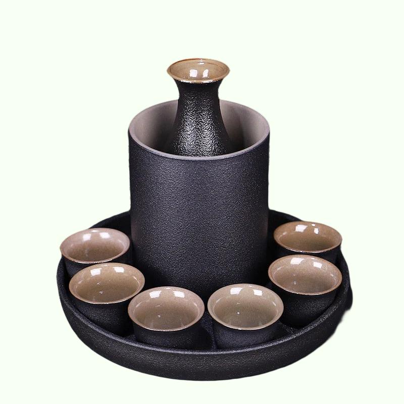 Japanse stijl keramische sake pot cup set zwart aardewerk likeur wijn flesjes kopjes lade