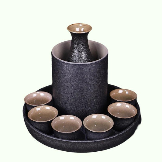 Gaya Jepang Keramik Sake Pot Cup Set Black Pottery Liquor Wine Bottle Cups Baki