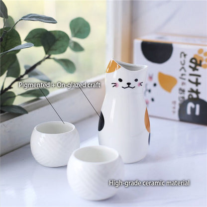 3st Maneki Neko Ceramic Sake Set Japanese Lucky Cat Wine Set (1 Tokkuri Bottle 300 Ml 2 Ochoko Cups) Söt vinglaspotten Bar