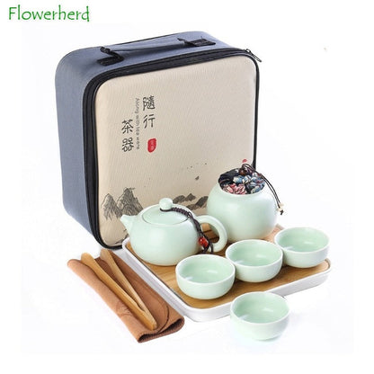 Portabel keramik porselen bepergian kung fu teh set teh teh pot dan cangkir tas teh caddy penyimpanan tas satu teko empat cangkir teh