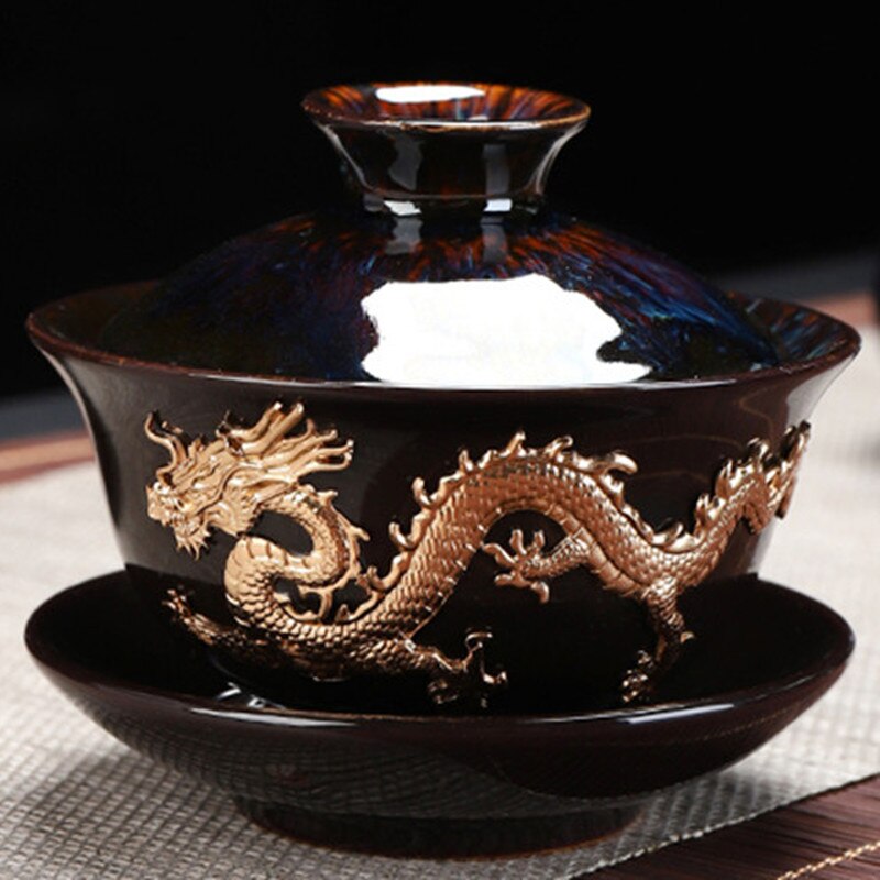 Soupière à thé incrustée d'argent Dragon Gaiwan, bol à thé domestique fait à la main, changement de four avec Dragon doré