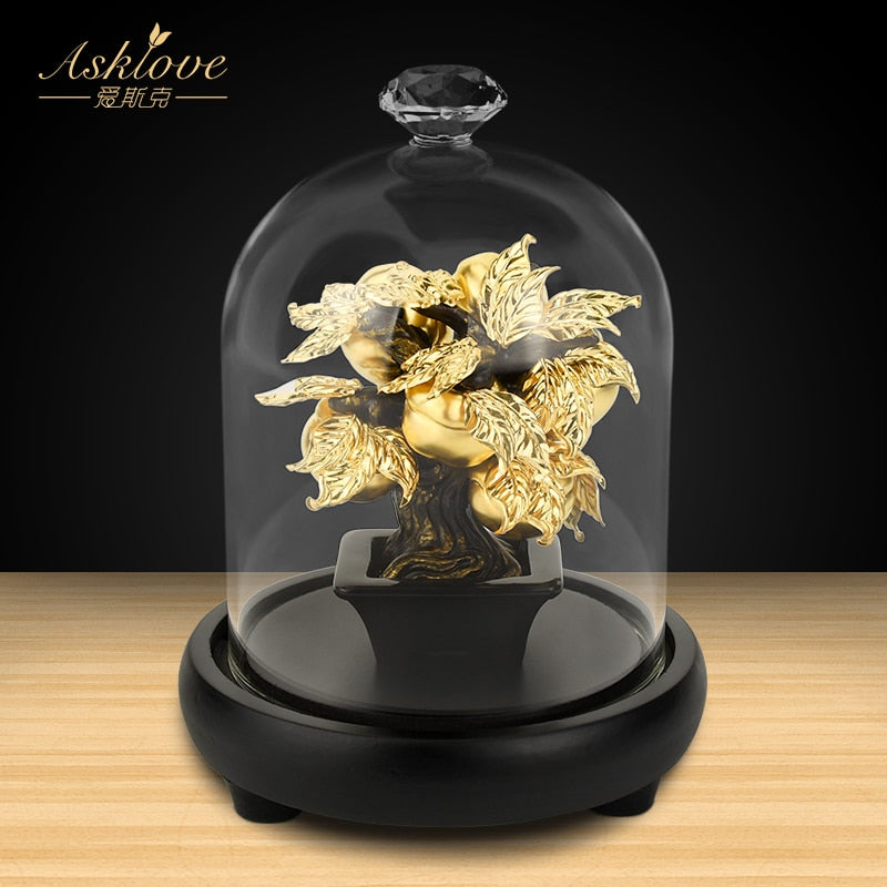 Lucky Feng Shui Fruit Plant Bonsai Gold Leaf Persimmon Tree Statue skulptur rigdom Figur Gave Home Desktop Dekoration Håndværk