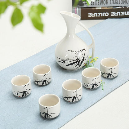 セラミックワインセット日本スタイルの青と白の竹1ポット6カップ白い飲み物バー装飾家庭用キッチン用品