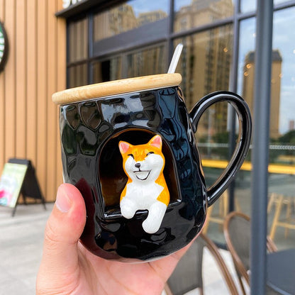 3D relief ceramic Mug with lid spoon personality coffee Mugs spoon animal firewood dog cup teacup