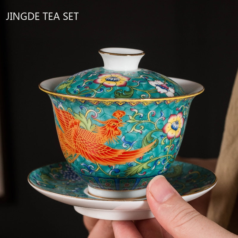 Ceramics Sancai Gaiwan Bowl Dragon and Phoenix Master Cup Tea Cup Handmade Enamel Color Tea Bowl High-end Respect Tea Set